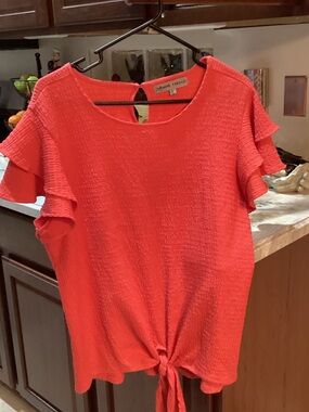 Absolutely Famous Coral Tie-Front Ruffle Sleeve Top